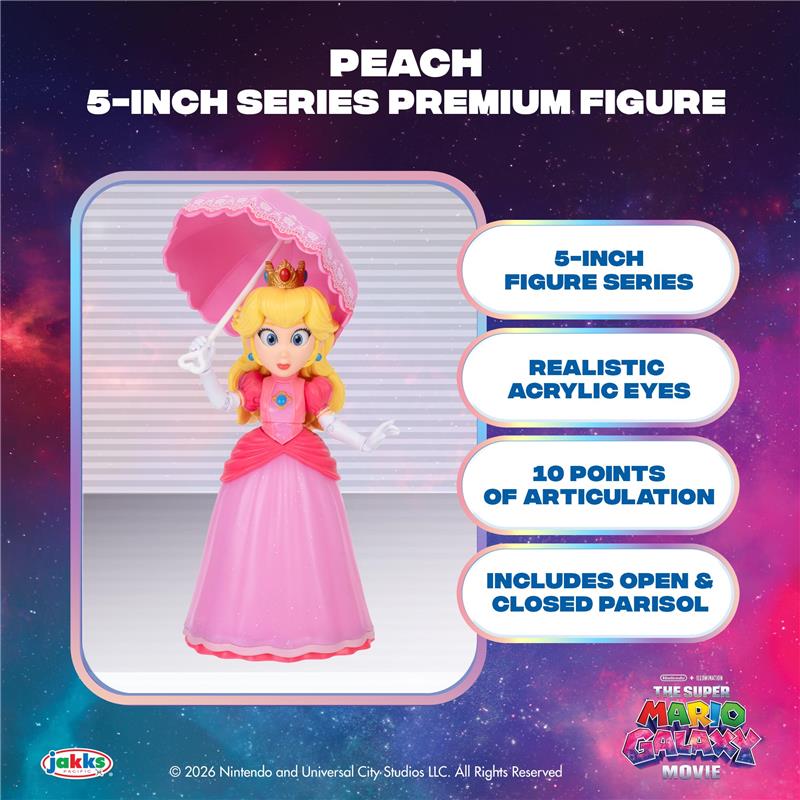 5-inch Princess Peach figure featuring realistic acrylic eyes, 10 points of articulation, and an open/closed parasol accessory.