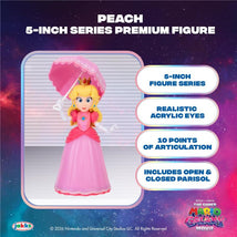 5-inch Princess Peach figure featuring realistic acrylic eyes, 10 points of articulation, and an open/closed parasol accessory.