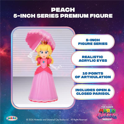 5-inch Princess Peach figure featuring realistic acrylic eyes, 10 points of articulation, and an open/closed parasol accessory.