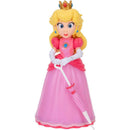 Princess Peach action figure in a sparkling pink dress, holding a white umbrella, with a golden crown and blue gem.