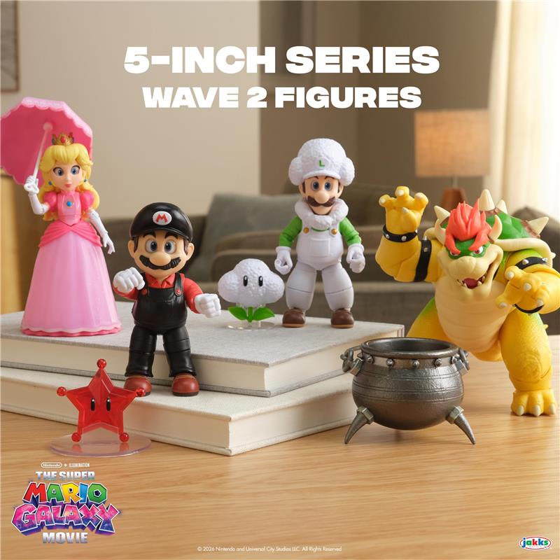 Princess Peach, Mario, Luigi, Bowser, and a star figure on books, showcasing Jakks 5-inch figures Wave 2 assortment.