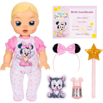 Interactive 13-inch baby doll with blonde hair, wearing a Minnie Mouse outfit, includes accessories like a birth certificate, bottle, and wand.