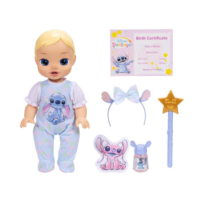 13-inch interactive baby doll styled as Stitch, wearing a pastel onesie, with accessories including a bow, bottle, and birth certificate.