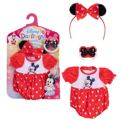 Disney Darlings Mickey Baby Doll Clothing Set featuring a red dress, headband with ears, and a matching bow.
