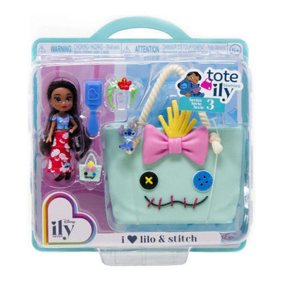 Mini doll from Jakks Disney ily 4EVER series with a tote bag featuring Lilo & Stitch, accessories include a hairbrush and headband.
