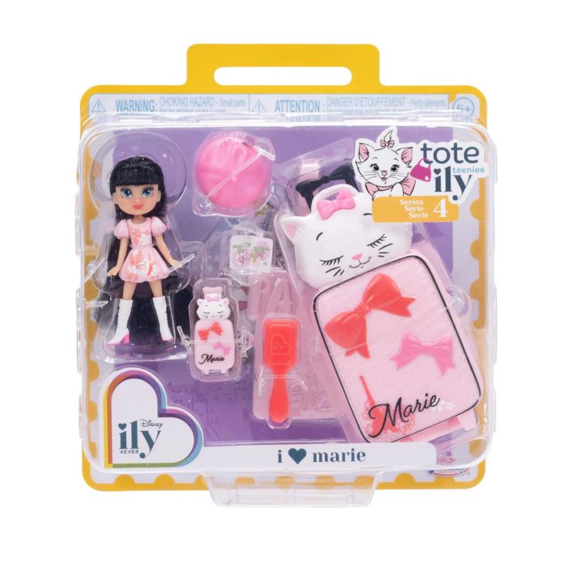 2-inch mini doll in a pink dress with accessories, including a cat-themed bag and various small items. Series 4.