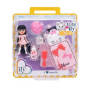 2-inch mini doll in a pink dress with accessories, including a cat-themed bag and various small items. Series 4.