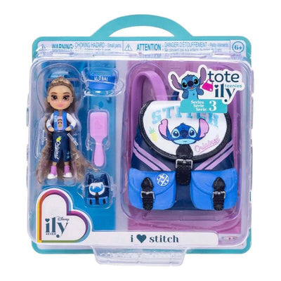 2-inch mini doll from Jakks Disney ily 4EVER tote set, featuring Stitch-themed backpack and accessories.