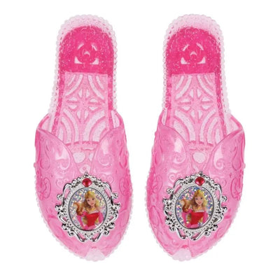 Pink Disney Princess Aurora shoes featuring ornate patterns and a decorative image of Aurora in a silver frame.