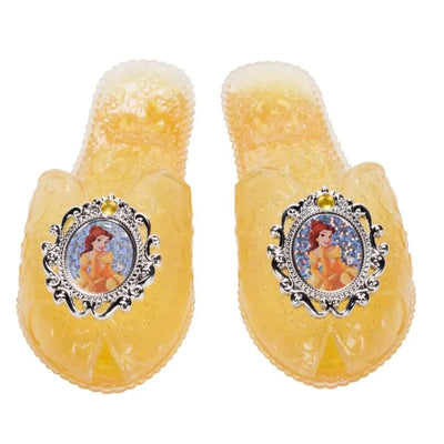 Yellow Disney Princess Belle shoes featuring a character design and decorative silver frames on the top.