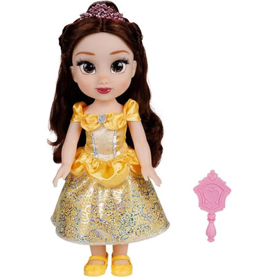 Disney Princess Core Large Doll of Belle, featuring a yellow gown, tiara, and pink accessory.
