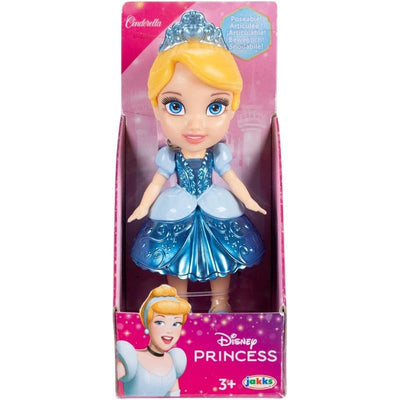 3-inch Cinderella figure in a blue dress with a tiara, packaged in a pink box with Disney branding. Suitable for ages 3+.