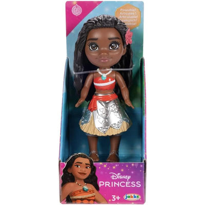 Mini 3-inch Moana figure by Jakks, featuring detailed attire and poseable arms, packaged in colorful Disney Princess box.