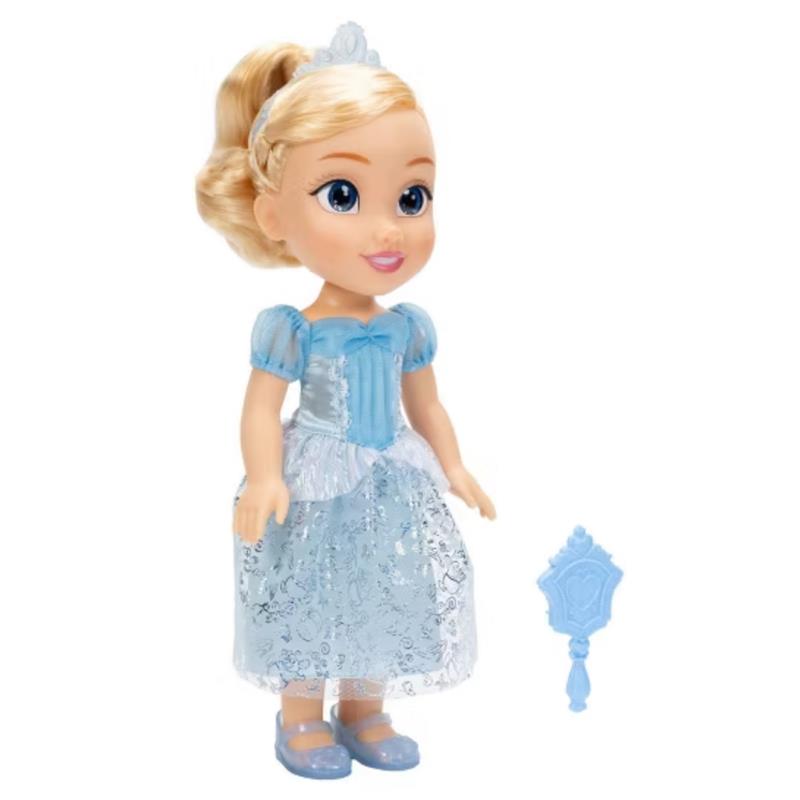 Cinderella 14-inch doll in a blue gown with a tiara, holding a blue mirror accessory.