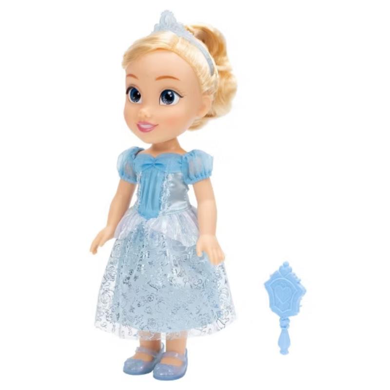 14-inch Cinderella doll wearing a blue dress with a lace overlay, accompanied by a matching blue mirror accessory.