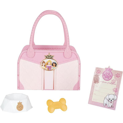 Pink tote bag featuring Disney princesses, with a puppy bowl, a bone-shaped toy, and an adoption certificate.