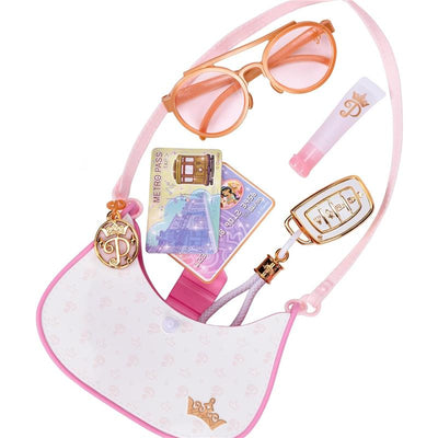 Jakks Disney Princess Trendsetter Shoulder Purse with pink accents, sunglasses, a lip balm tube, and play cards.