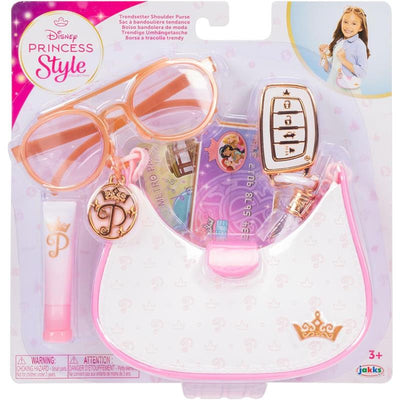 Trendsetter shoulder purse set with pink accents, sunglasses, keys, pass, and lip gloss for imaginative play.