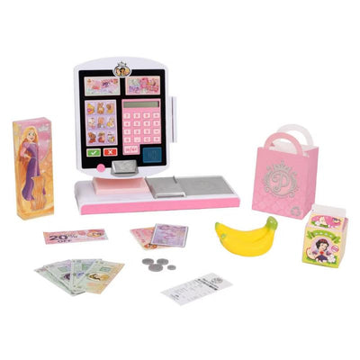Disney Princess cash register playset featuring a pink register with buttons, currency, toy banana, and shopping bags.