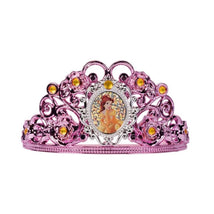 Disney Princess Tiara inspired by Belle, featuring a pink filigree design and a central image of Belle holding a rose.