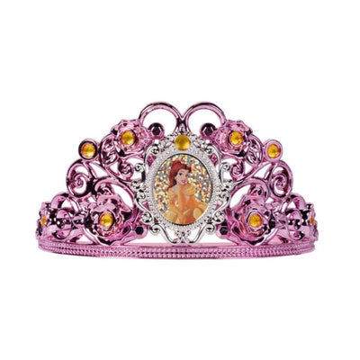 Disney Princess Tiara inspired by Belle, featuring a pink filigree design and a central image of Belle holding a rose.