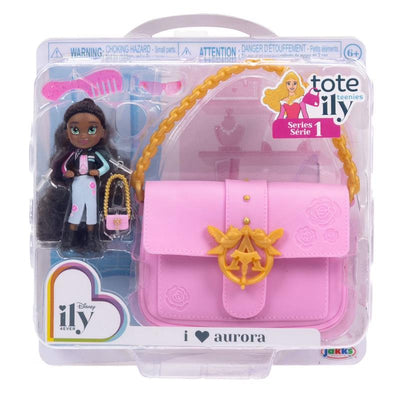 Disney Tote-ILY-Teenies doll set featuring a 2.25-inch tall Aurora-inspired doll with a pink matching purse.