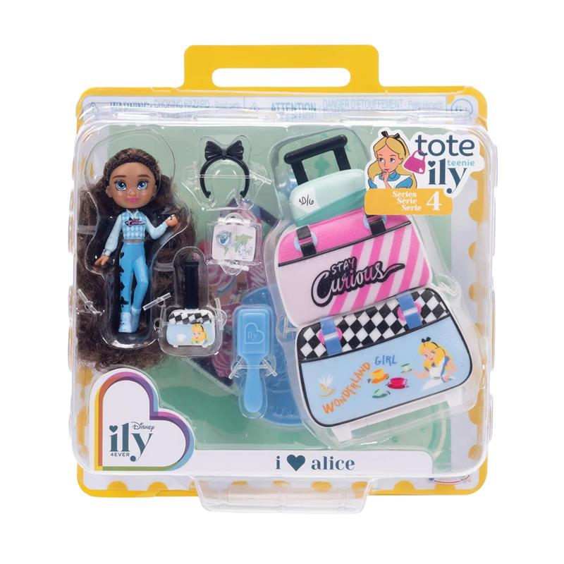 Disney Tote-Ily Teenies set featuring a doll in blue outfit, three colorful suitcases, hair accessories, and travel items.