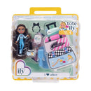 Disney Tote-Ily Teenies set featuring a doll in blue outfit, three colorful suitcases, hair accessories, and travel items.