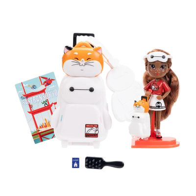 Disney Tote-Ily Teenies toy set featuring a Baymax-themed suitcase, a doll, and accessories including a postcard and card key.