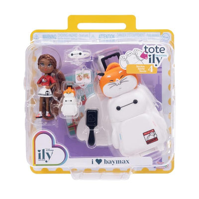 Disney Tote-Ily Teenies set featuring a doll, Baymax character, accessories, and packaging details.