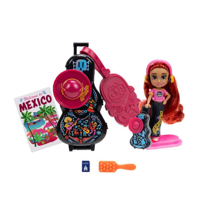 Jakks Disney Tote-Ily Teenies set featuring a Coco doll with accessories, including a guitar-shaped case, a mini guitar, and a travel booklet.