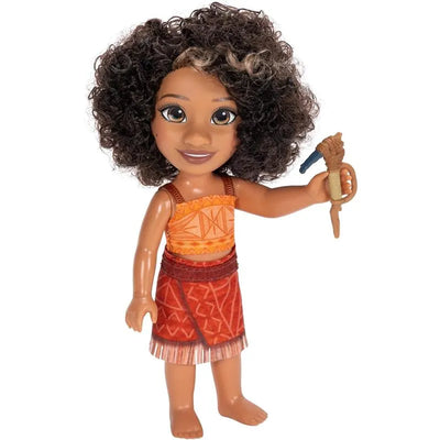 Moana doll with curly hair, wearing a cultural outfit, holding a small staff, designed for play and collection.