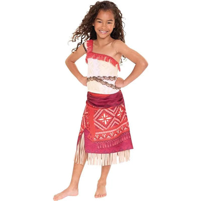 Moana-inspired adventure outfit with a red skirt and patterned top, worn by a smiling girl.