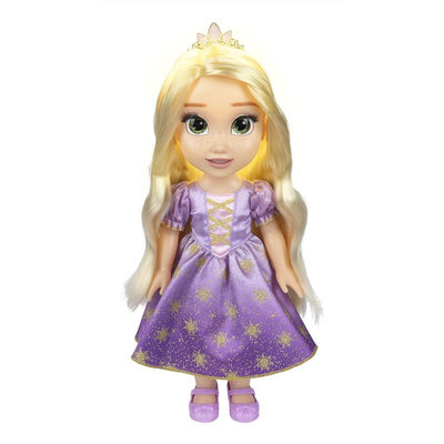 Magic In Motion Hair Glow Rapunzel Doll with long blonde hair, a purple dress, and a golden crown, lights up.