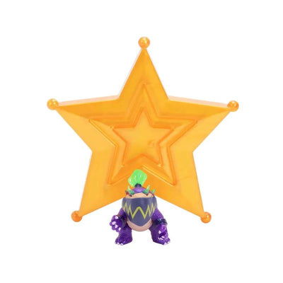 Wonder Bowser Jr. toy in purple with a green hair tuft, posed in front of a large orange star.