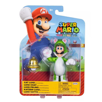 4-inch Cat Luigi action figure with bell, featuring Luigi in a green and white outfit, packaged with Mario in the background.