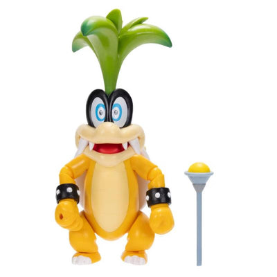 Iggy Koopa action figure with a green leafy hairstyle, wearing black bracelets, holding a white wand with a yellow orb.