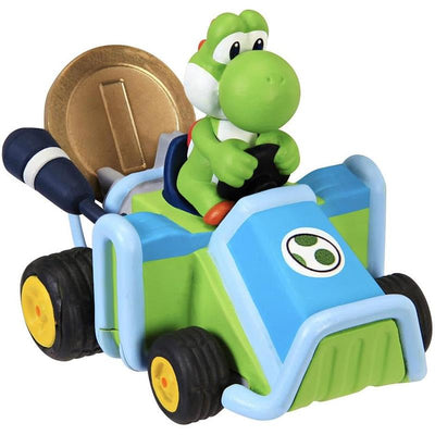 Yoshi driving a blue and green go-kart, holding a steering wheel, with a gold coin beside him.