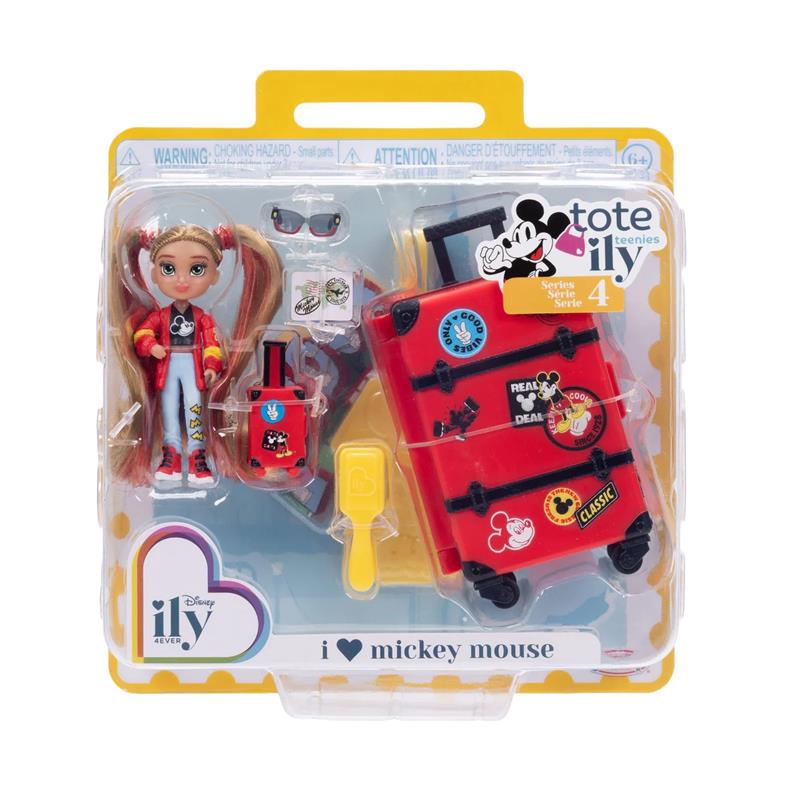 Tween doll set featuring a Mickey Mouse-inspired doll, red suitcase with stickers, and accessories in a clear package.