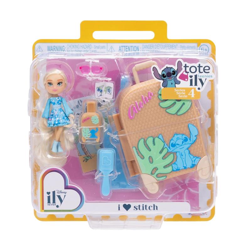 Disney ILY 4ever Tote-ILY Teenies set featuring a doll in a blue dress, a suitcase, and themed accessories including Stitch.