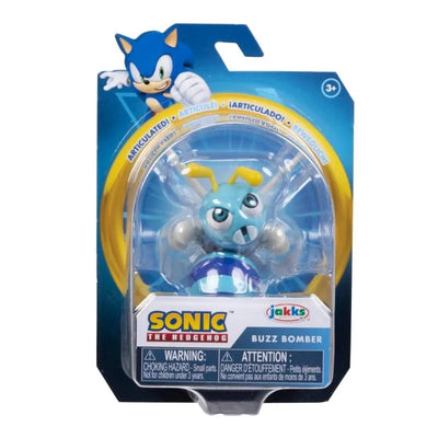 Sonic the Hedgehog Buzz Bomber action figure by Jakks, featuring a blue and yellow insect-like character in packaging.