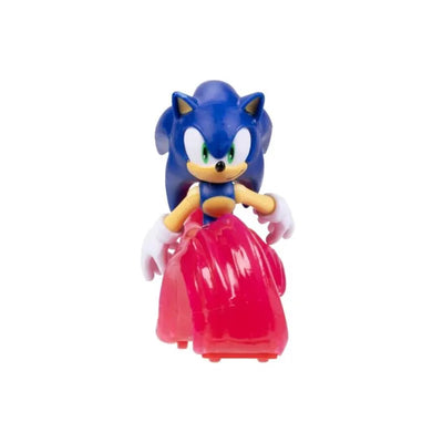 Sonic figure from Jakks, featuring blue character with white gloves and red shoes, standing on a pink base.