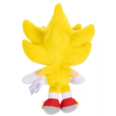 Plush toy of Super Sonic with spiky yellow hair and red shoes, viewed from the back.