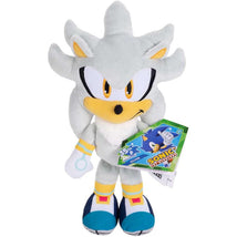 9-inch plush of Sonic character, featuring a silver color scheme, bright blue shoes, and a tag highlighting its 35th anniversary.
