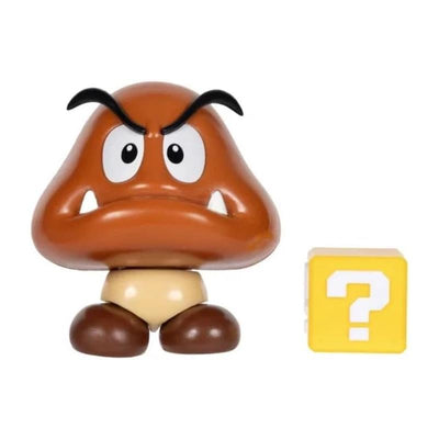 4-inch Jakks Super Mario Goomba action figure with a frowning expression, paired with a yellow question block.