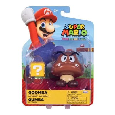 Jakks Super Mario Goomba action figure in packaging, featuring a brown mushroom character and a question block, intended for children ages 3 and up.