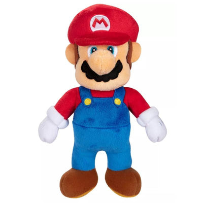 Super Mario plush toy featuring Mario in red cap and shirt with blue overalls, smiling with large mustache.