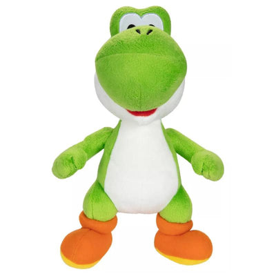 Green Yoshi plush toy with a white belly, large eyes, and orange shoes, ideal for fans of the Super Mario series.
