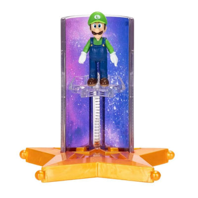 Luigi figure from Super Mario Galaxy, featuring a star launcher accessory and a cosmic background.
