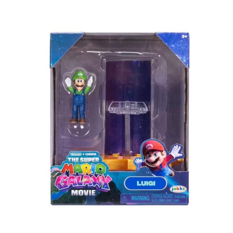 Luigi 1.5” action figure with Star Launcher accessory from The Super Mario Galaxy Movie, packaged in a colorful box.